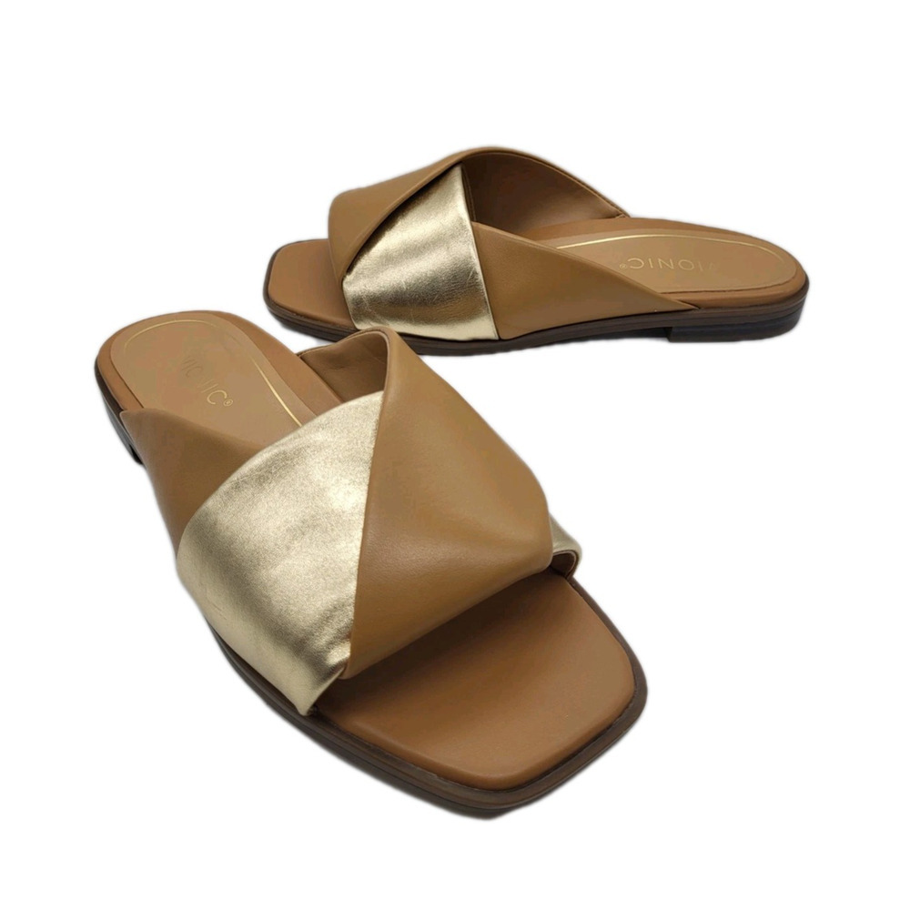 Tan & Gold Slide Sandals - Women